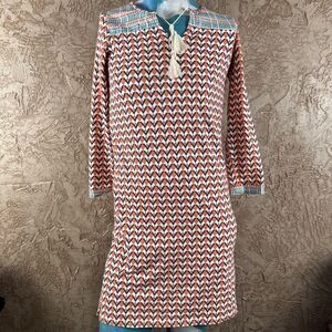 G. Wonder Geometric Tunic Dress XXS Multicolor Tassell Neck 3/4 Sleeve